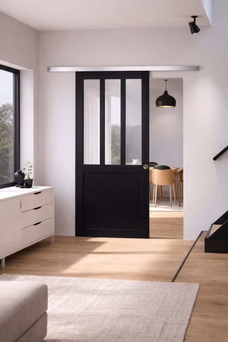 Porta scorrevole da officina nera H204 x L73 cm, binario in alluminio, gusci GD MENUISERIES