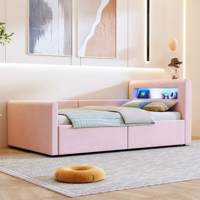 Letto singolo per bambini imbottito 90 × 200 cm in velluto rosa con LED USB luce notturna e vano idraulico