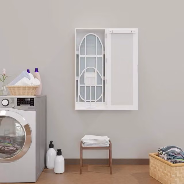 Asse da stiro a parete Minimal con armadietto e specchio in metallo e MDF bianco per piccoli spazi L: 95,5 cm, H: 35,5 cm, P: 21,0 cm