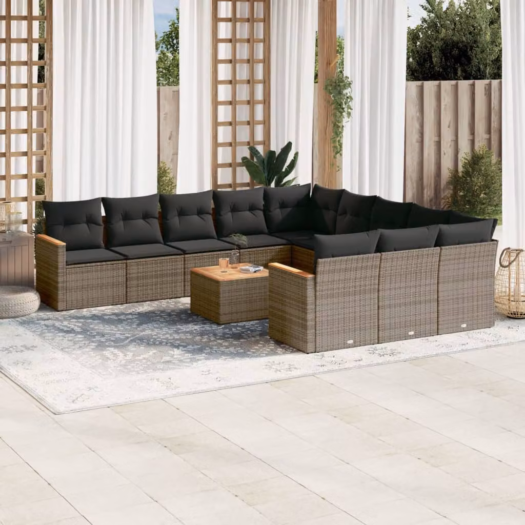 vidaXL Set Divani da Giardino a Forma di U con Cuscini Grigio in Polyrattan e Legno di Acacia