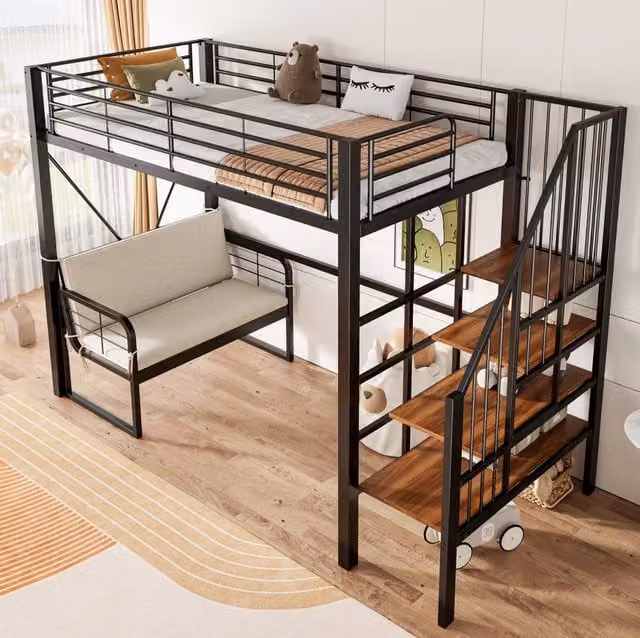 Letto a castello 90x200 cm nero, struttura in metallo e MDF con scala contenitore