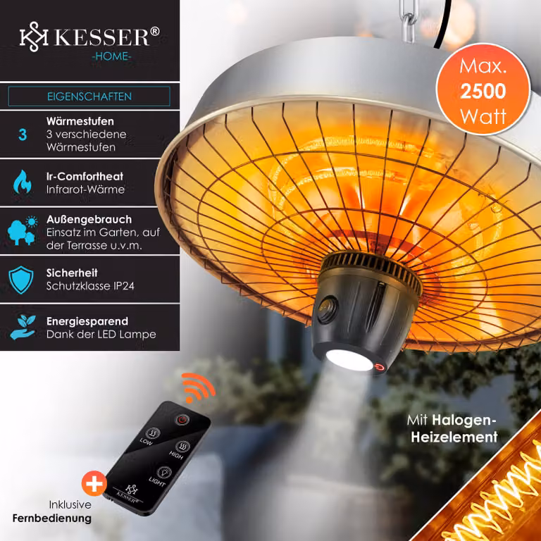 KESSER® Riscaldatore da soffitto a infrarossi a fungo da 2500 W per terrazze con telecomando | Riscaldatore al quarzo | Luce a LED | Da soffitto | Riscaldatore a infrarossi | Con catena + moschettone | Elemento riscaldante in carbonio