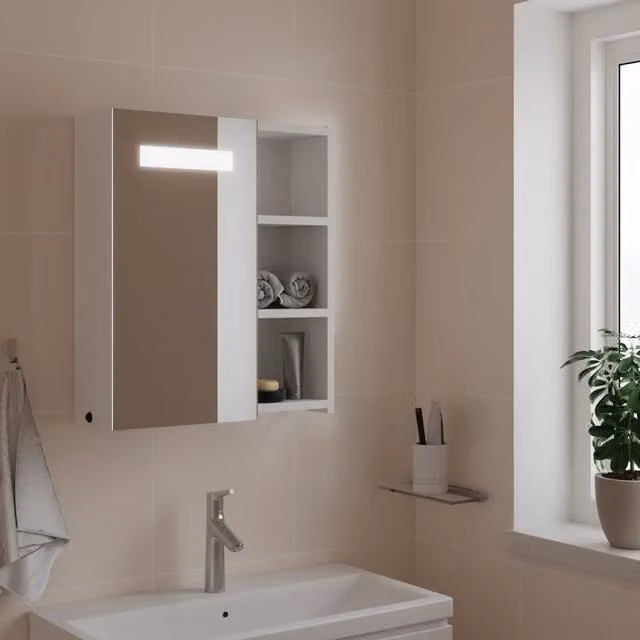 Armadietto Bagno con Specchio e LED-Mobile bagno con specchio Bianco 45x13x52 cm
