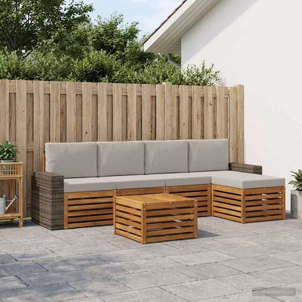 vidaXL Set di divani da esterno a L in legno di acacia con tavolino e pouf, 6 pezzi, Beige, Grigio e Marrone