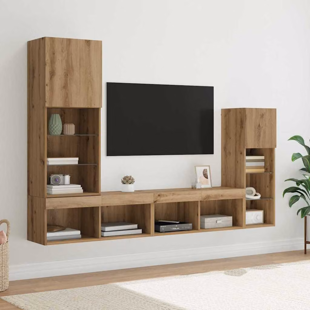 Set di 4 unità per TV da parete vidaXL in legno color rovere marrone con illuminazione integrata e scomparti multimediali per soggiorno
