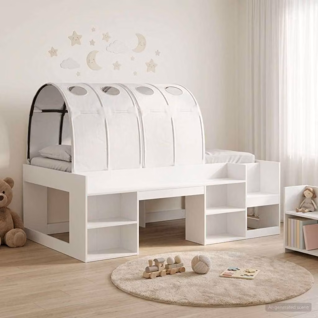 Letto singolo per bambini vidaXL con struttura a casetta e tunnel, colore bianco, in legno ingegnerizzato, L/P/H: 190 x 90 x 103,5 cm