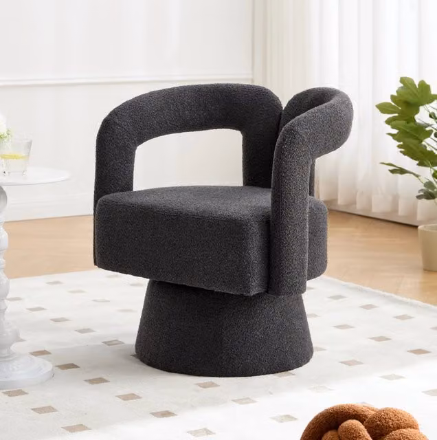 Poltrona girevole 360 MODFU in tessuto bouclé grigio antracite con base in metallo e braccioli, L: 55 cm, P: 67 cm, H: 74 cm