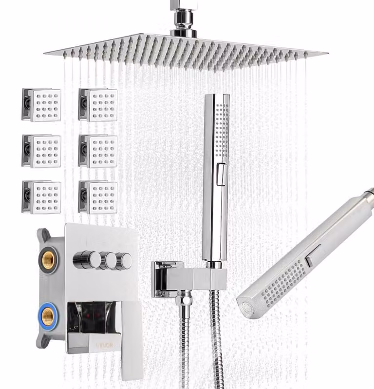 Set doccia a soffione da 10 pollici con getto pioggia - 6 getti corpo - Doccia a mano 2-in-1 - Acciaio inossidabile e ottone