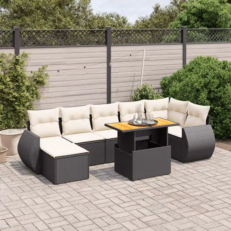 vidaXL Set Divani da Giardino a Forma di U in Polyrattan Nero con Cuscini e Tavolino da Esterno