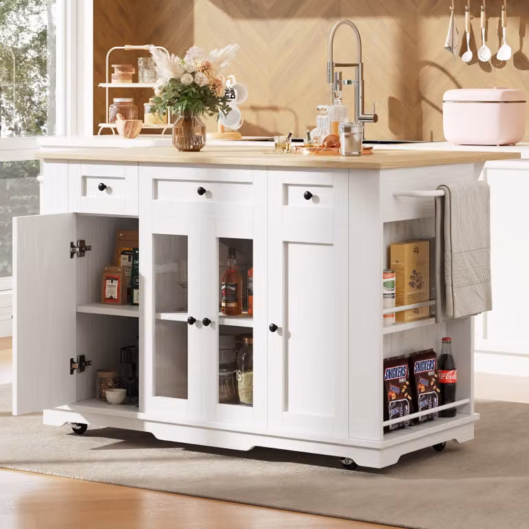 okwish Mobile da cucina, Mobile buffet, Isola da cucina con struttura in legno, Vetro rigido, Carrello da pranzo con divisori estraibili, Bianco