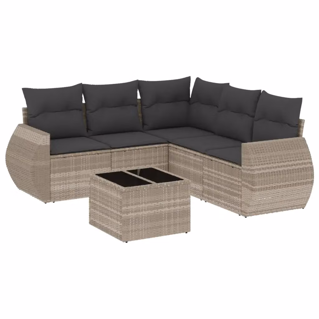 vidaXL Set Divano da Giardino a L in Polyrattan Grigio con 6 Cuscini Imbottiti e Tavolino in Vetro – 2