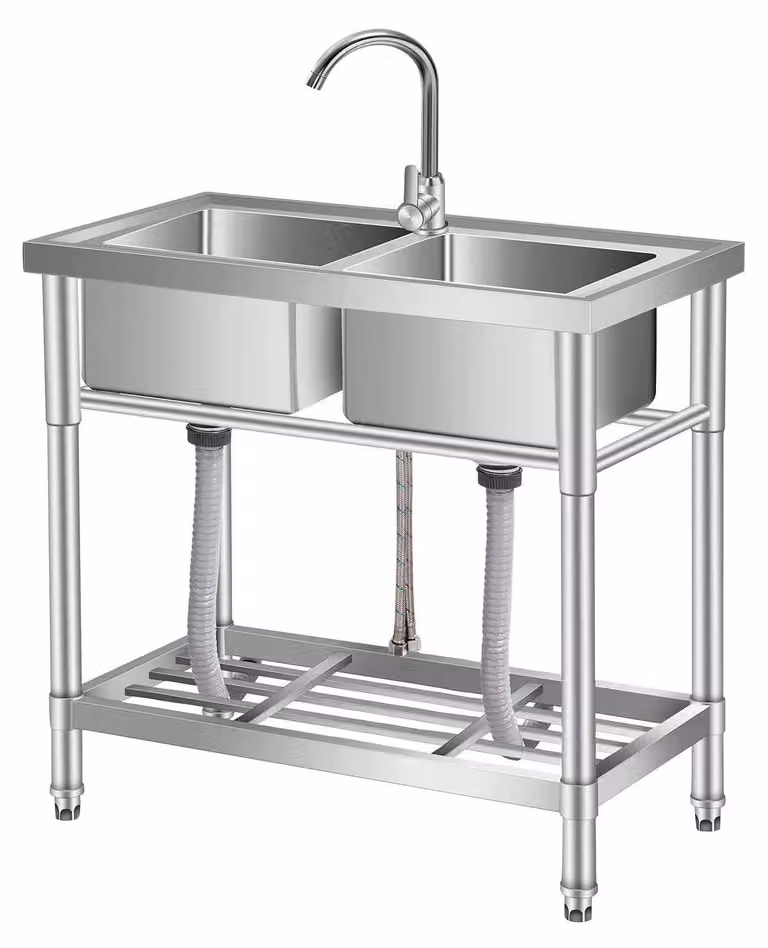 Lavello in acciaio inossidabile - Doppia vasca, dimensioni 84x46x76 cm - Completo di miscelatore - Con attacchi per acqua calda e fredda - Adatto per ristorazione e cucina - Per uso interno ed esterno