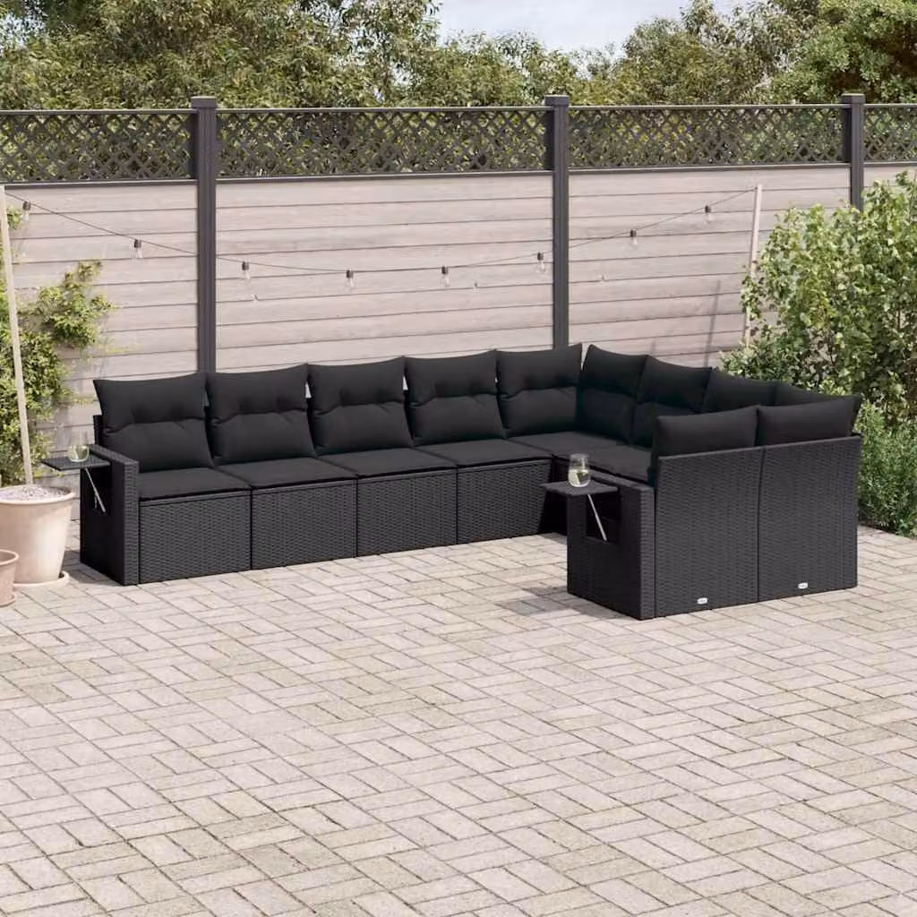 vidaXL Set Divani da Giardino a L 9 pz con Cuscini Neri in Polyrattan e Acciaio – 1