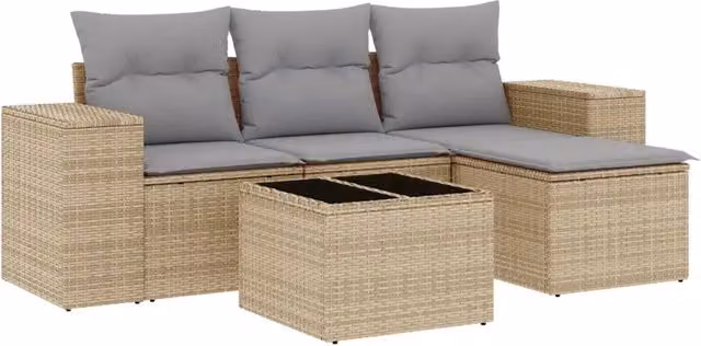Set Divano da Giardino 5 pz | Set Salotto da Giardino con Cuscini Beige in Polyrattan