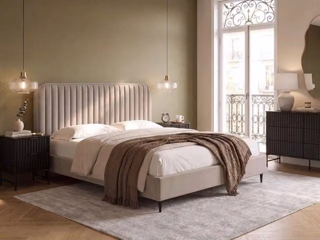 Letto matrimoniale BELIANI in velluto beige con design moderno e struttura in legno e metallo L/P/H: 160 x 200 x 102 cm