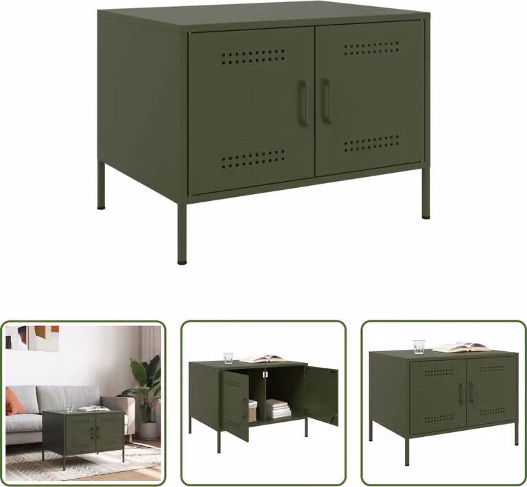 The Living Store Tavolino verde oliva 68x50x50,5 cm Acciaio laminato a freddo