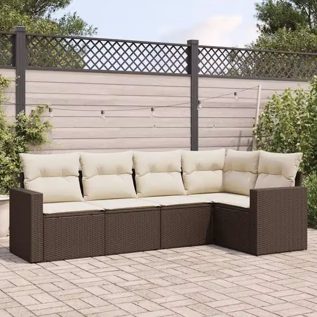 Set Divano da Giardino 5 pz con Cuscini-Sofa da Giardino-Divanetto da esterno Marrone in Polyrattan 394953