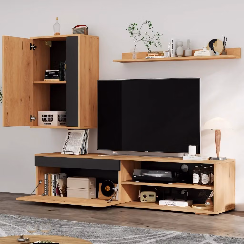 Parete attrezzata moderna Elvmi per soggiorno in MDF composta da 3 pezzi, colore marrone e nero, con mobile basso da 140 cm – 2
