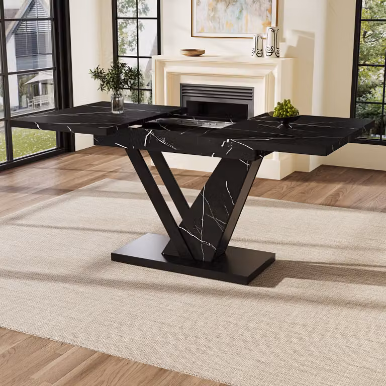tavolo allungabile okwish， tavolo da cucina， tavolo da pranzo con motivo in marmo nero， adatto per ristoranti e cucine， nero