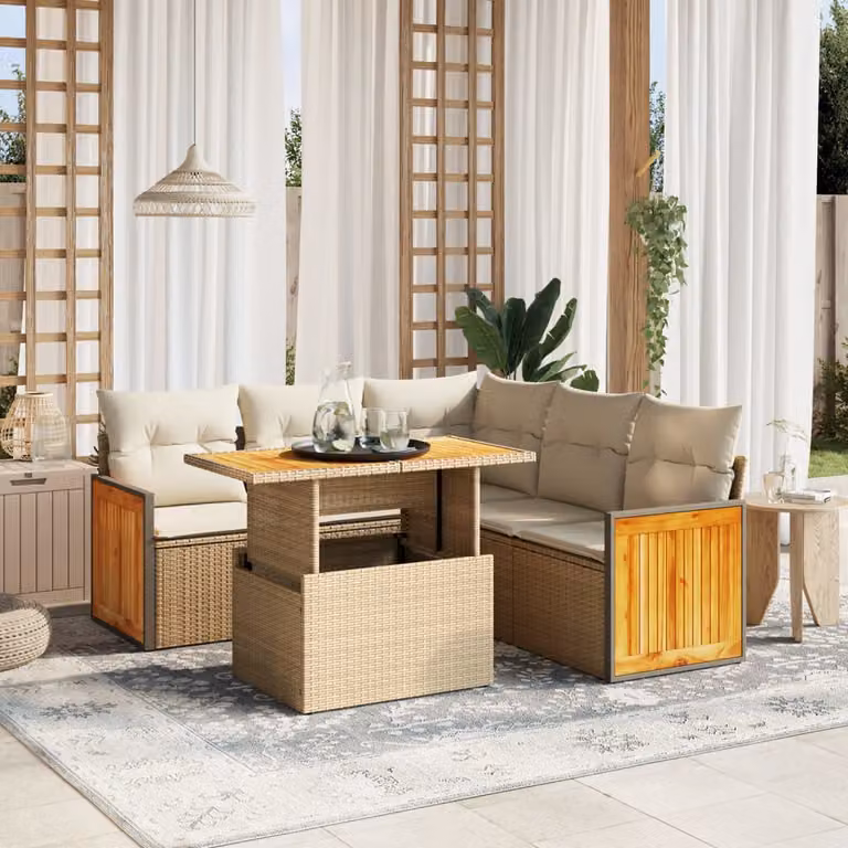 vidaXL Set Divano da Giardino a L 6 pz in Polyrattan con Cuscini Beige e Tavolino da Esterno