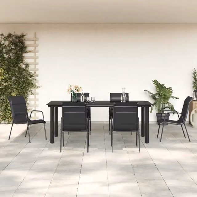 Set da Pranzo da Giardino vidaXL in Acciaio Verniciato a Polvere e Vetro, 7 Pezzi, Nero e Antracite – 1