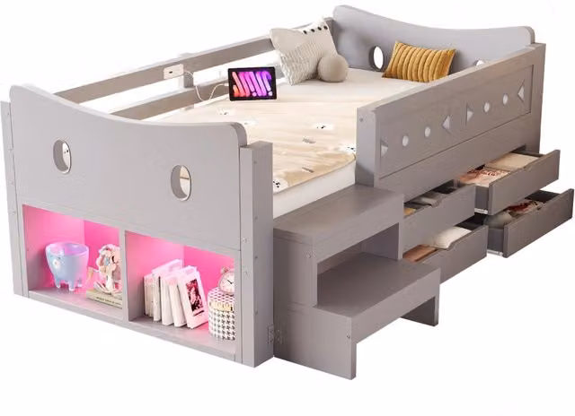 Letto singolo per bambini 90x200 cm con cassetti; vani; LED; USB e USB-C; grigio