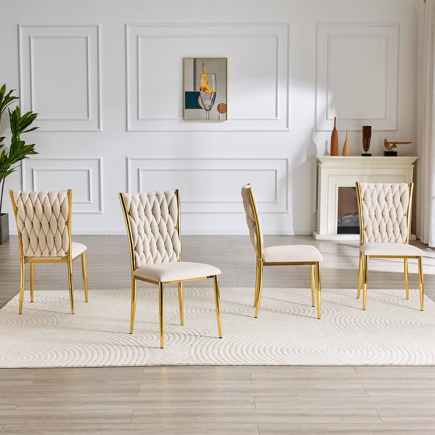 Sedia da pranzo imbottita in velluto beige con motivo intessuto a mano, gambe in metallo dorato, sedia laterale moderna per cucina e sala da pranzo. Colori: beige, oro