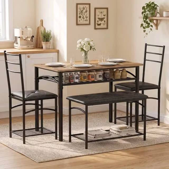 Set da pranzo industriale WISHDOR per 4 persone con tavolo rettangolare, 2 sedie e panca, marrone e nero
