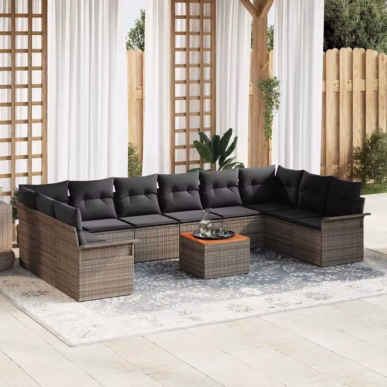 Set Divano da Giardino vidaXL 11 Pezzi in Polyrattan Grigio con Cuscini e Tavolino da Esterno