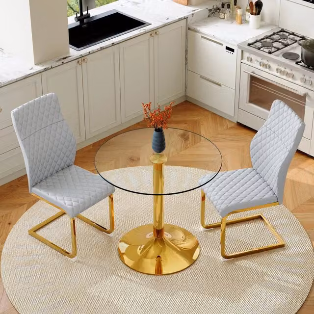 Set tavolo da pranzo rotondo in vetro temperato Ø 85 cm con 2 sedie grigio chiaro e oro