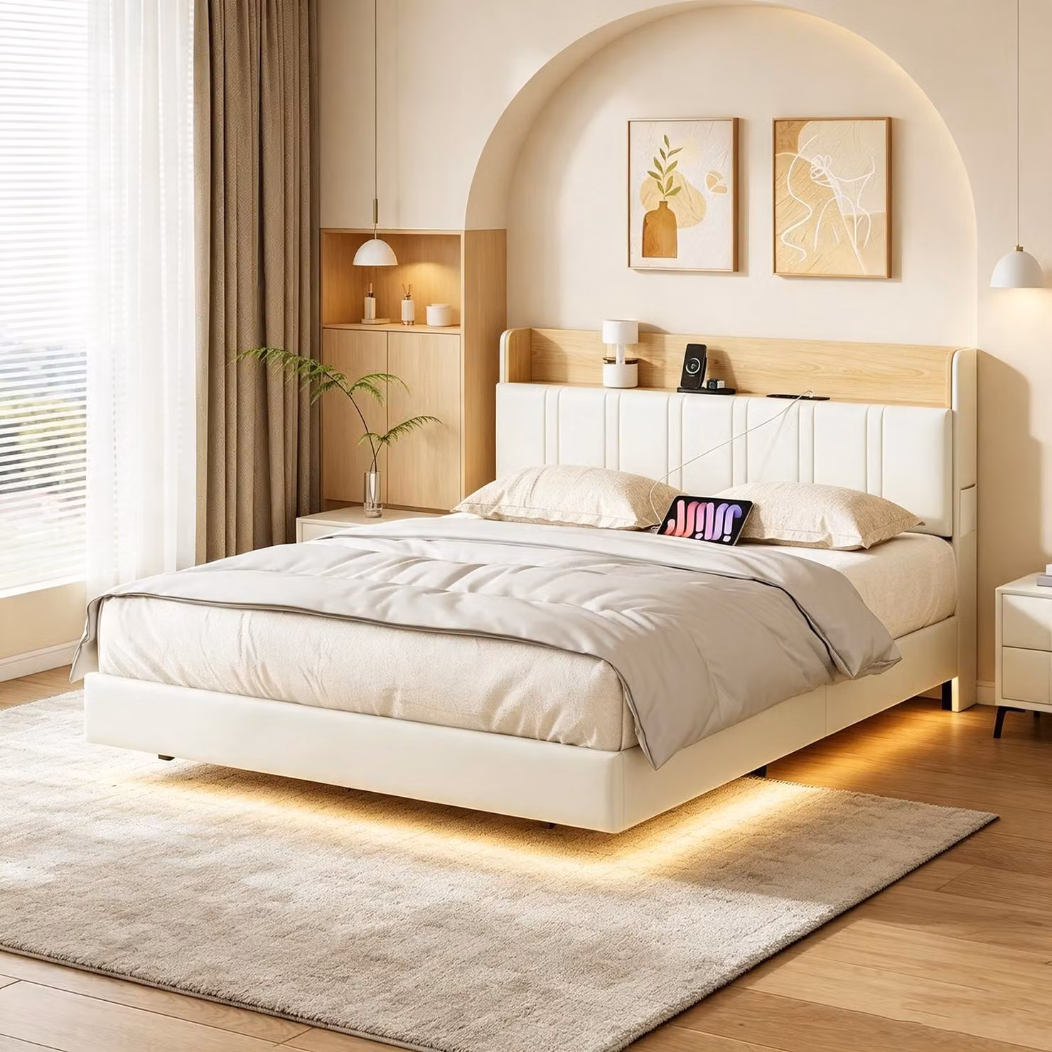 Letto con rete a molle INONEFT, 160x200 cm, con LED e porta USB, letto imbottito con spazio contenitore, letto a due piazze per giovani con testiera, colore bianco, rivestito in PU.