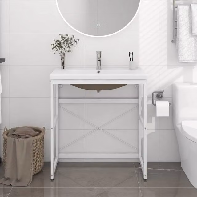 Lavabo da Bagno Moderno con Telaio in Metallo e Lavabo Integrato in Ceramica Bianca vidaXL L/P/H: 83 x 38 x 79 cm