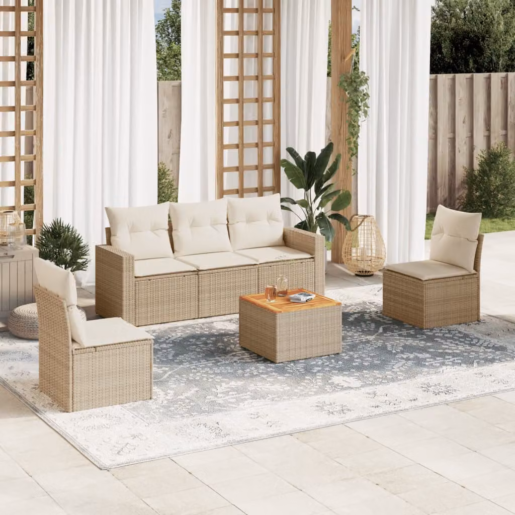 Set Divano da Giardino vidaXL 6 pz in Polyrattan con Cuscini Beige e Tavolino da Caffè – 1
