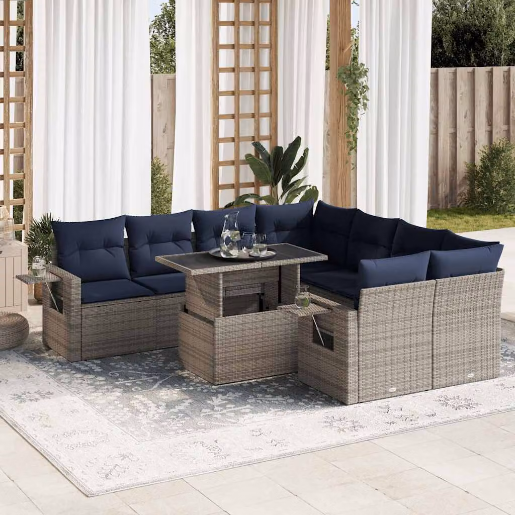 Set di divani da giardino vidaXL in polyrattan e legno di acacia con cuscini grigi e blu, composizione a L con tavolino da esterno, 9 pezzi