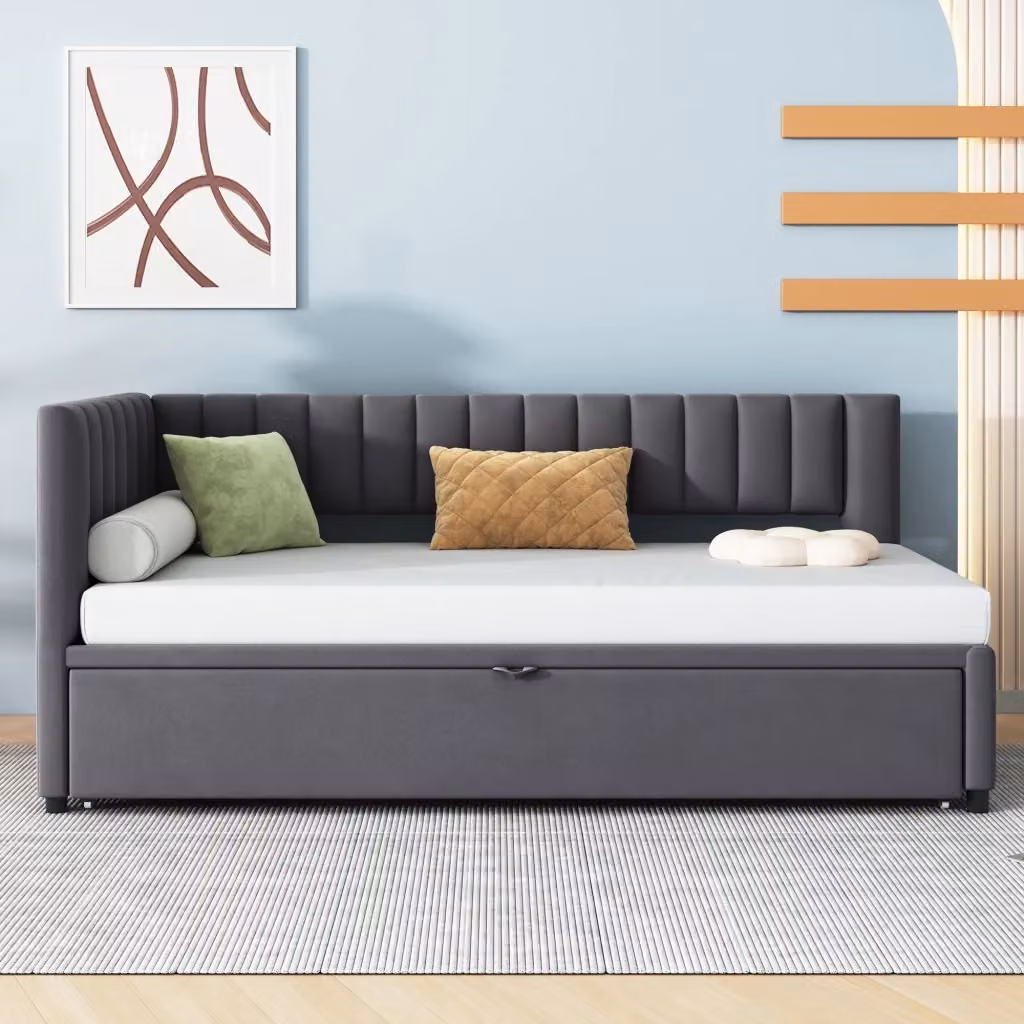 Divano a L con letto estraibile Chicfurn in velluto grigio, L/P/H: 120 x 90 x 208 cm – 2