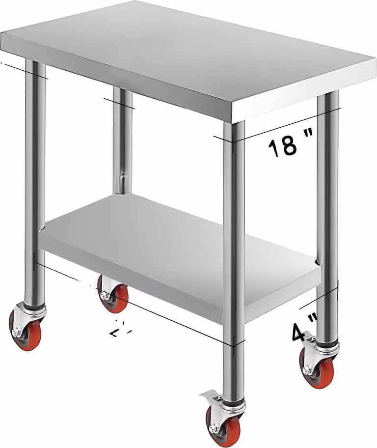 Tavolo da cucina in acciaio inox, 4 ruote piroettanti, capacità di carico da 100KG-300KG, 30 x 18 pollici