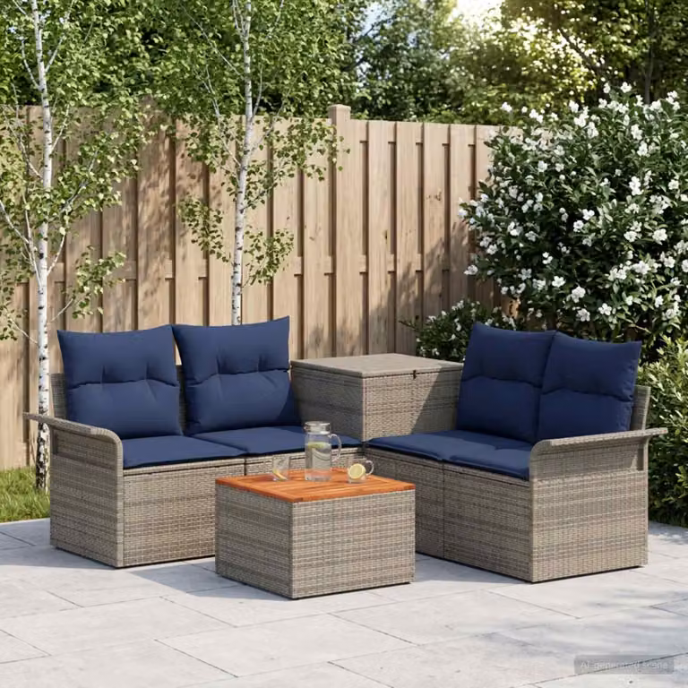 Set di divani da giardino vidaXL a forma di U con tavolo da caffè, 6 pezzi, Grigio e Blu Navy