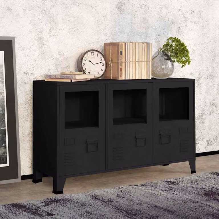 vidaXL Credenza Industriale Nera in Metallo e Vetro L: 105 cm, P: 35 cm, H: 62 cm