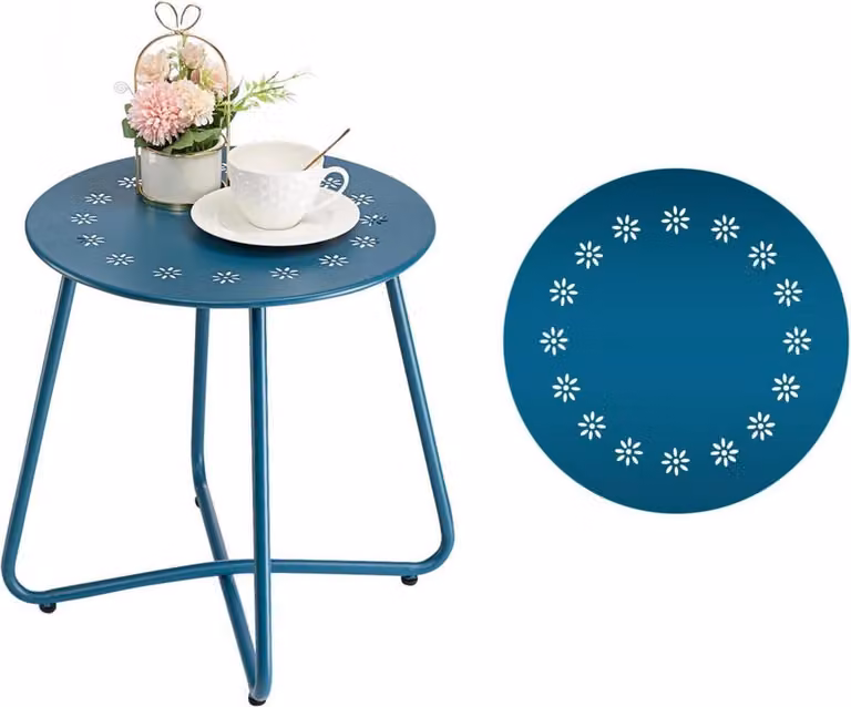 Tavolino da esterno con fiori intagliati, resistente alle intemperie, acciaio, rotondo, metallo, blu navy