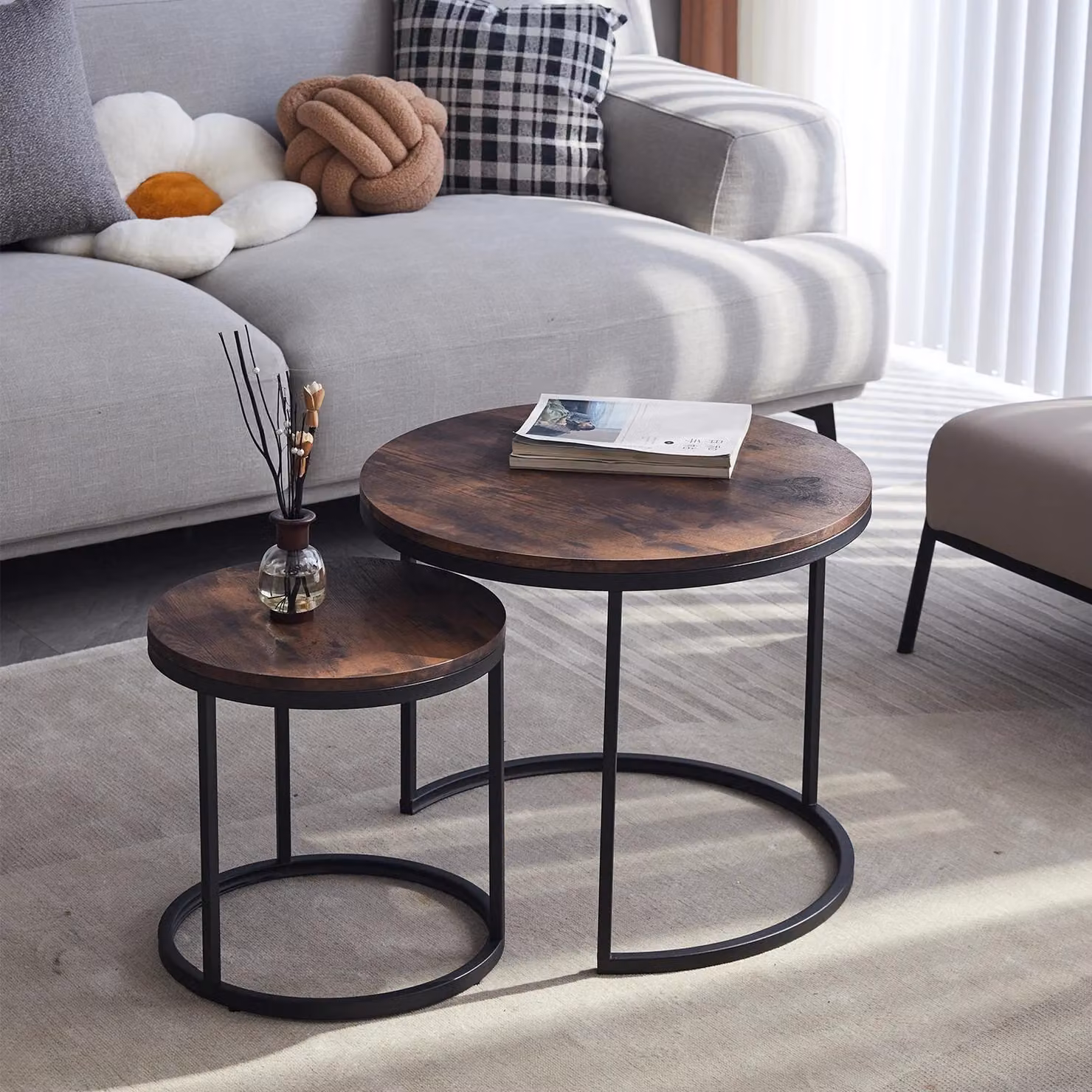 Tavolino in stile nordico - Set rotondo da 2 pezzi - Tavolini componibili - Soggiorno e tavolini - Design moderno e minimalista - Marrone