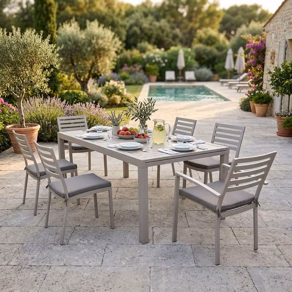 Milani Home - Set Tavolo Giardino Allungabile Rettangolare 200/300x100 Con 4 Sedie E 2 Poltrone In Alluminio Tortora Per Esterno Giardino - Tortora
