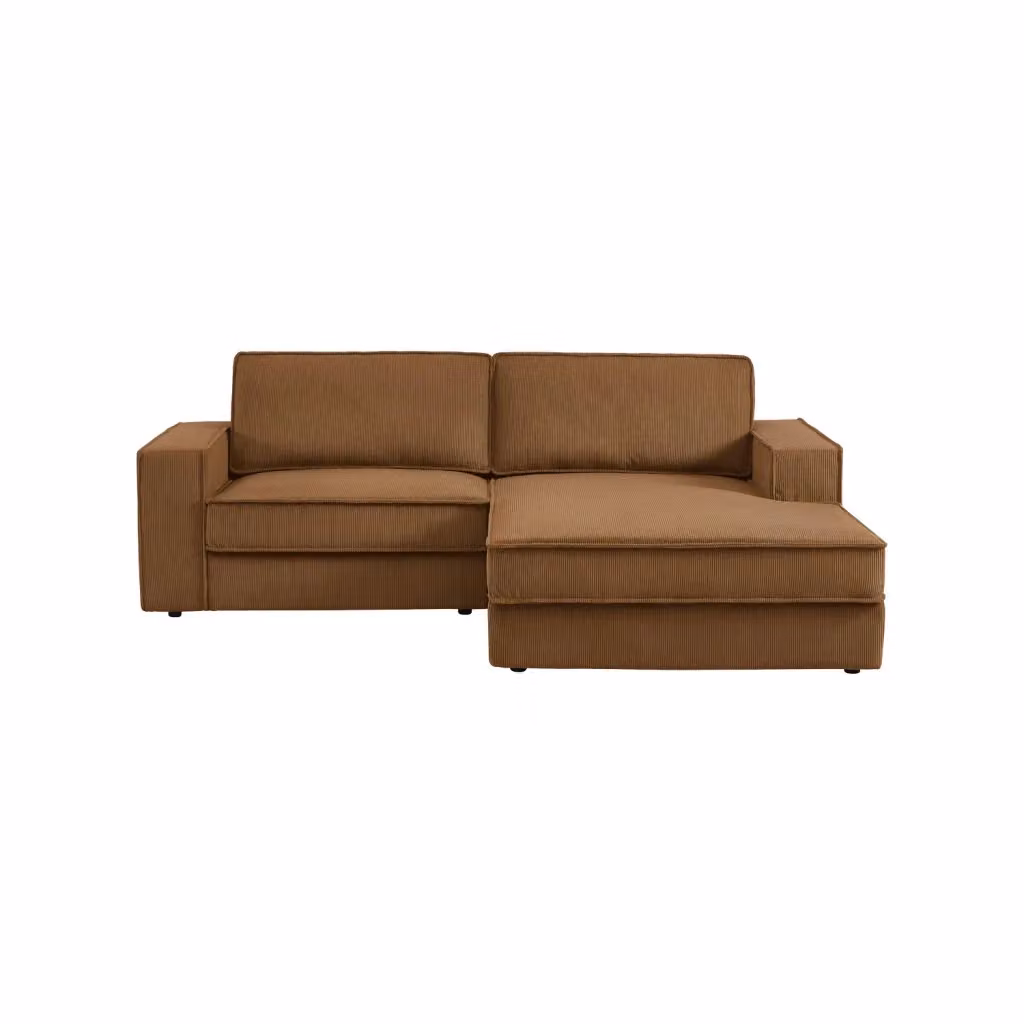 Divano angolare SWEEEK a 3 posti in velluto a coste marrone con struttura in legno massiccio e cuscini inclusi, lato destro, L 231 x P 156 x H 83 cm – 2