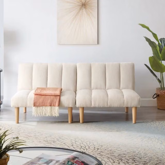 Divano letto a 2 posti con schienale regolabile in 3 posizioni e funzione letto in velluto a coste beige per casa
