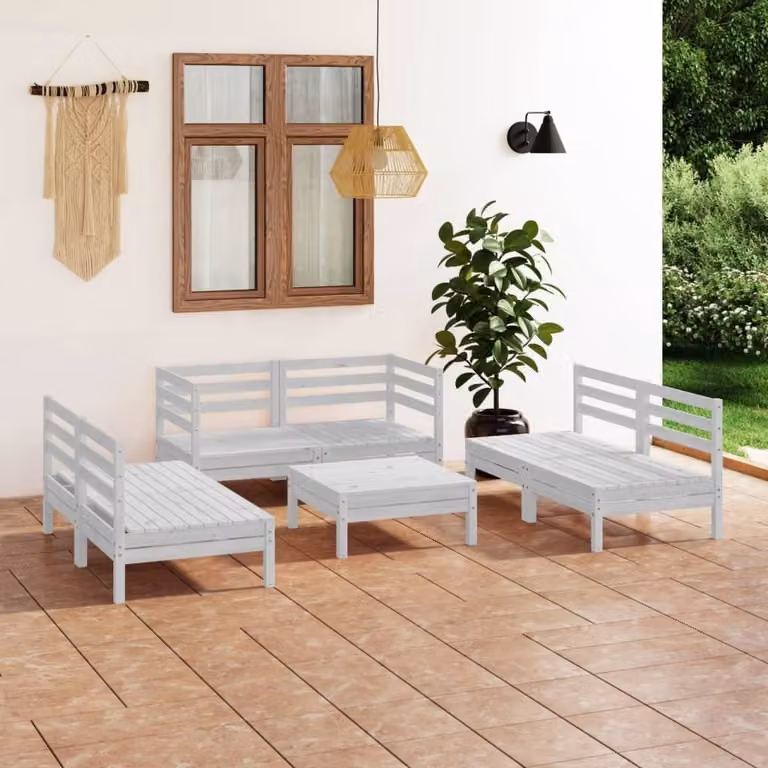 The Living Store Set da salotto da giardino 7 pezzi in legno di pino massiccio bianco