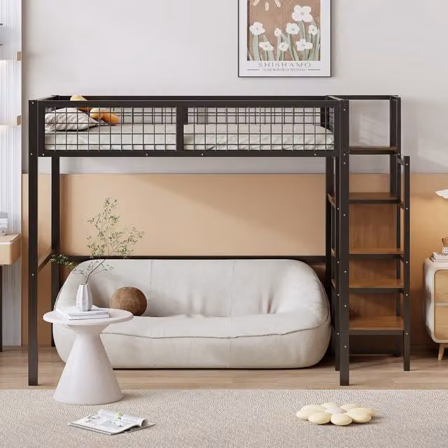 Letto a soppalco 140x200 per bambini con scala; struttura in metallo; armadio e ringhiera; nero
