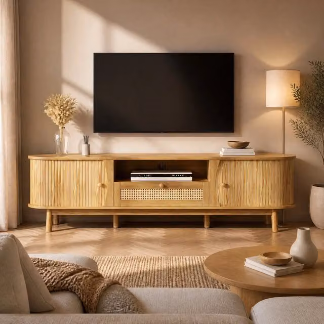 Mobile TV con ante scorrevoli e cassetti in rattan 165x37x46 cm MDF naturale