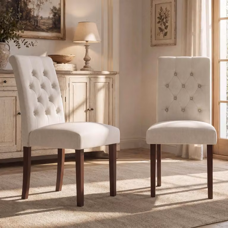 Set di 2 sedie da pranzo - Stile Chesterfield - Rivestimento in tessuto imbottito con bottoni a rilievo - Gambe in legno massello - Colore beige