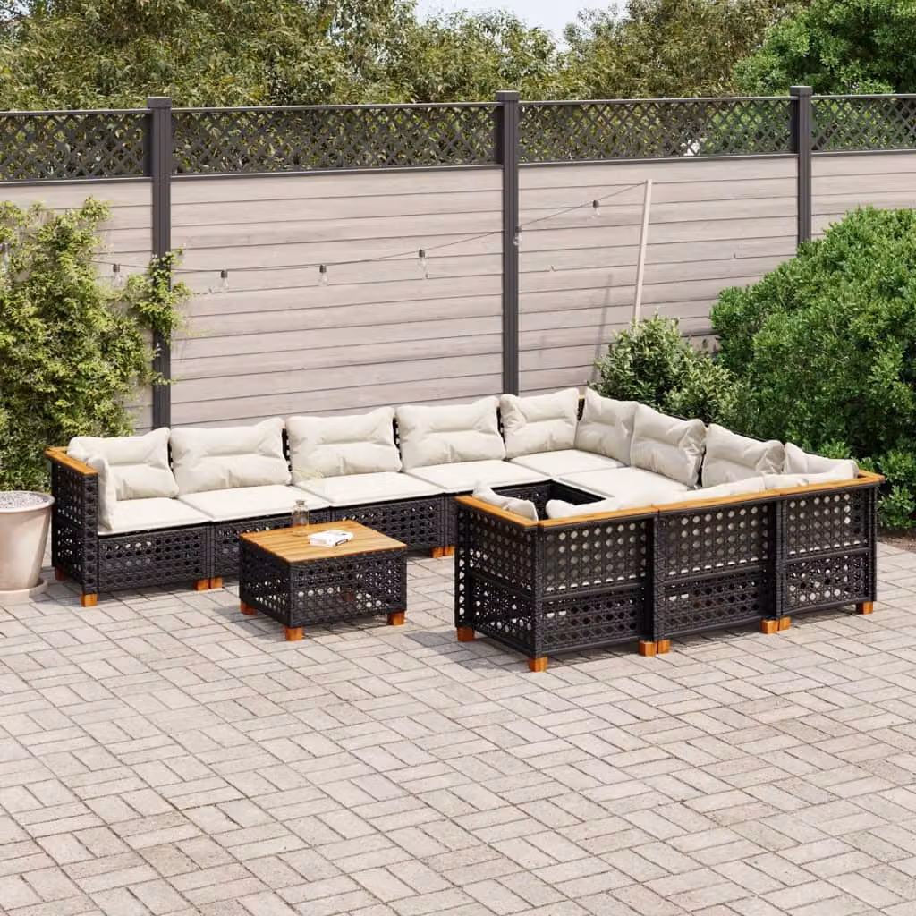 vidaXL Set Divani da Giardino 11 pz in Polyrattan Nero con Cuscini e Tavolino da Esterno – 1