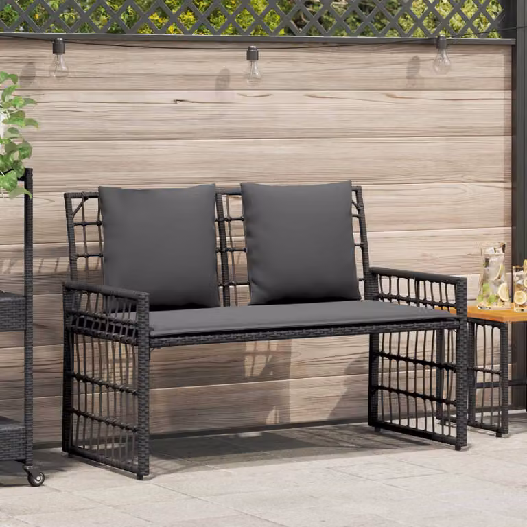 Panchina da esterno a 2 posti vidaXL in rattan e metallo con braccioli, L/P/H: 116 x 55 x 82 cm, Grigio/Nero