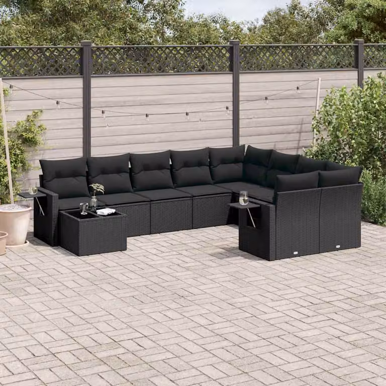 Set di Divani da Giardino vidaXL 10 Pezzi in Polyrattan Nero con Cuscini e Tavolino da Esterno